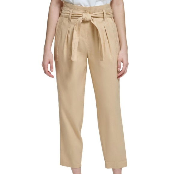 NWT Calvin Klein High Rise Tie Waist Pants in Beige Neutral - size 16 - Picture 2 of 5